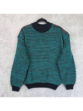 Vintage Street Scenes Sweater Womens L Green Chunky Textured Knit Crew Neck